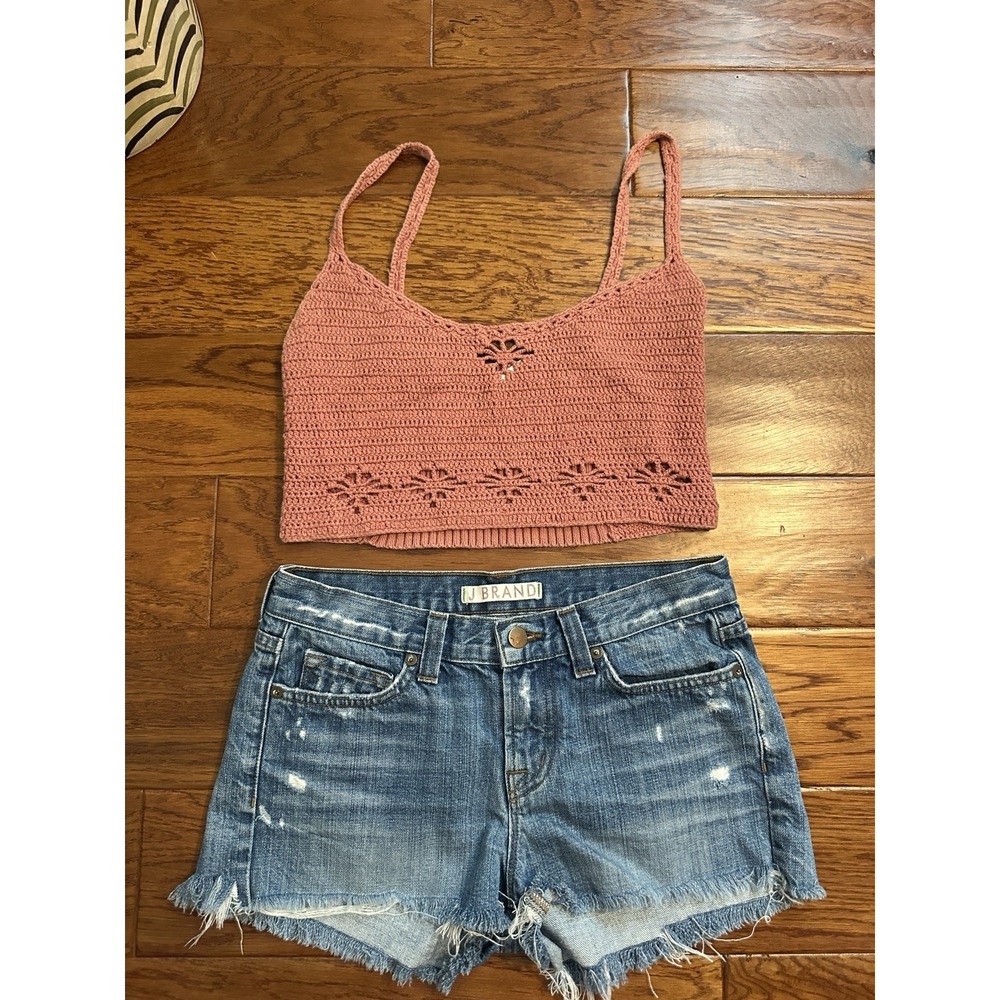 Free People Womens L Pink Crochet Knit Crop Tank Top Boho Cutout Cami